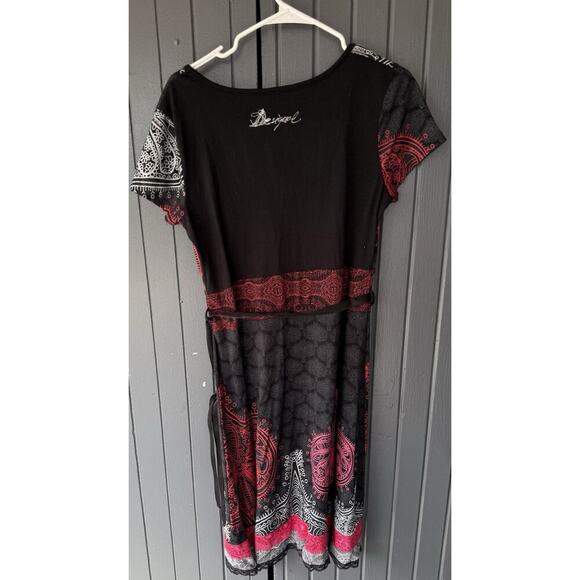 Desigual Womens Dress L Black Floral Mandala Viscose Blend Belted Fit Flare - Picture 3 of 11